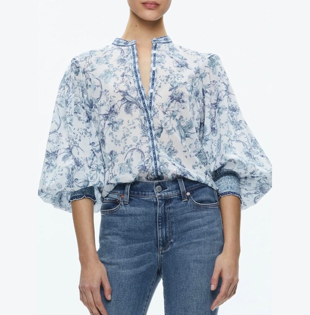 Alice + Olivia April Blue White Floral Toile Blouson Sleeve Cotton Blouse